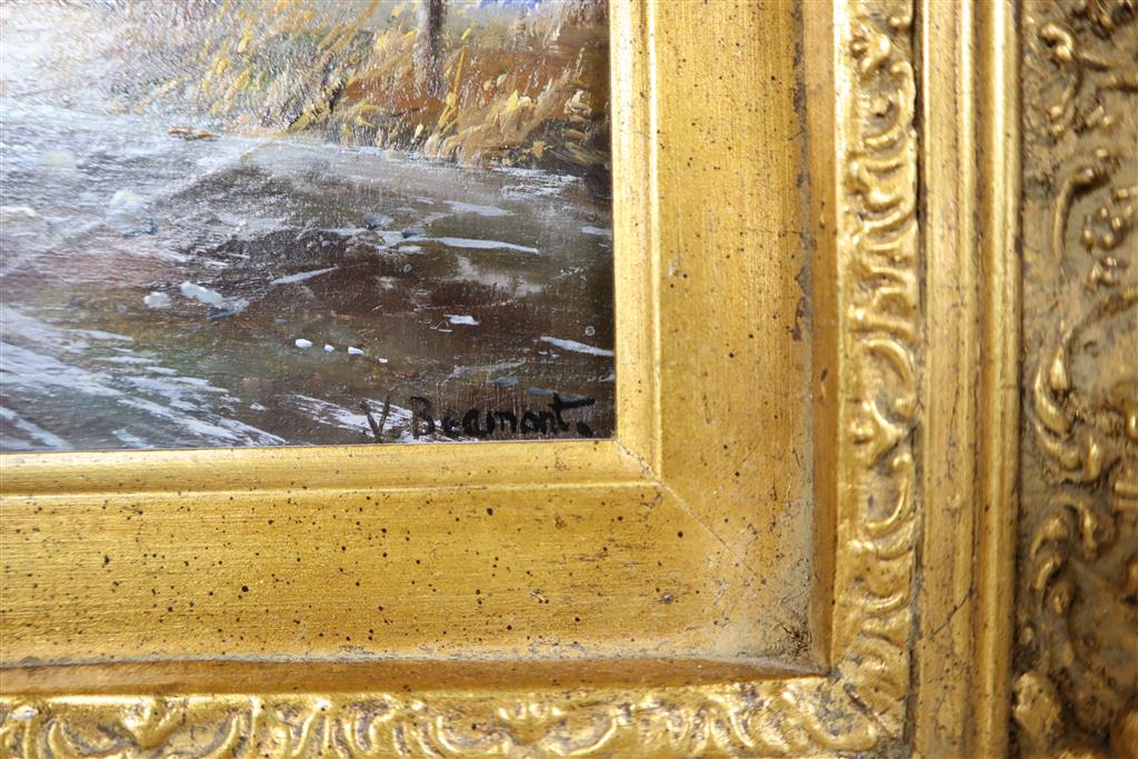 V* Beaumont (20th century Dutch School), Winter canal scene with figures skating and a windmill and companion piece,